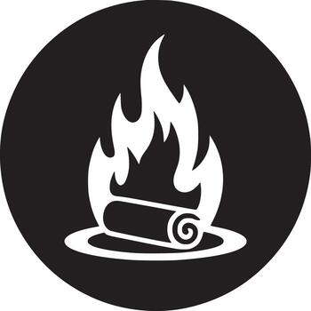 A black circle containing a white flame above a log with a swirl on a white surface icon design vector