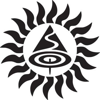 Black and white sun symbol with triangle and concentric circles in the center on a white background vector