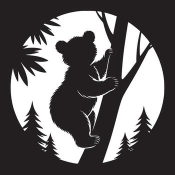 silueta de un oso alpinismo árbol dentro un circulo con arboles y hojas en un negro antecedentes vector