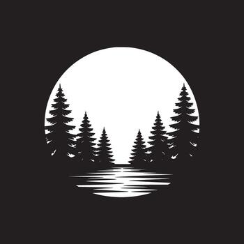 silueta de pino arboles en contra un blanco circulo con agua reflexión en negro antecedentes diseño vector