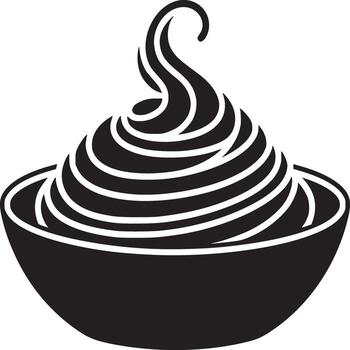 A black and white graphic of a bowl filled with a swirled topping with a curled peak on a white background vector