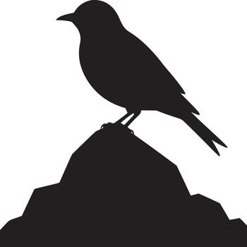 Silhouette of a bird perched atop a jagged rock formation against a stark white background image view vector