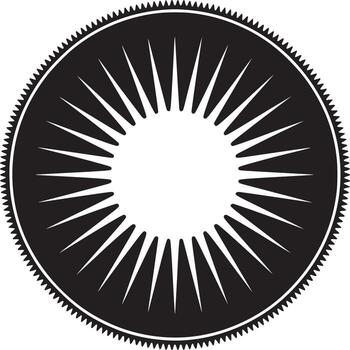 A black and white graphic design of a circular shape with radial lines and a jagged outer edge design vector