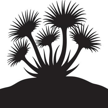 Silhouette of a group of fan palm trees growing on a hill with a white background in a simple design vector