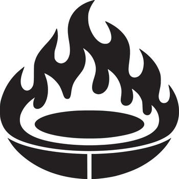 A black and white graphic depiction of a stylized flame emanating from a container shape icon vector
