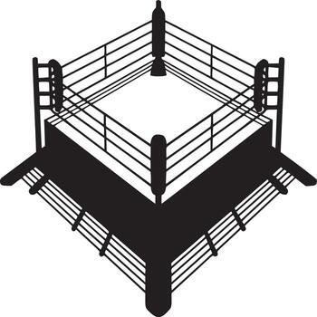 A stark black and white image of a boxing ring with ropes and corner posts casting a shadow below it vector