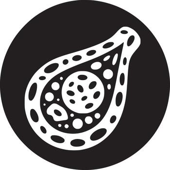 A stylized white teardrop shape with circles inside on a black circle against a white background vector