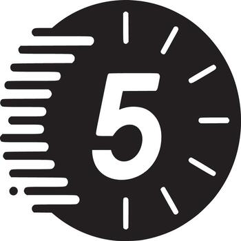 A black and white graphic of a clock with the number five and motion lines to the left side of the clock vector