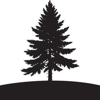 A silhouette of a pine tree with a distinct shape against a bright white background and dark hill base vector