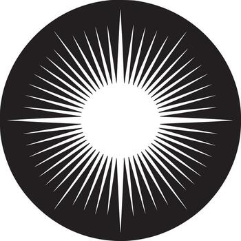 A black circle with white rays emanating from a central white circle on a white background image art vector