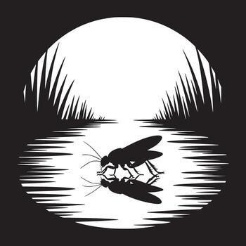 A silhouette of a cockroach reflected in water with grass and a bright moon in the background vector
