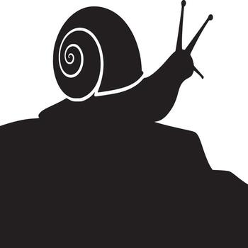 A black and white silhouette of a snail with its shell on a dark surface and white background vector