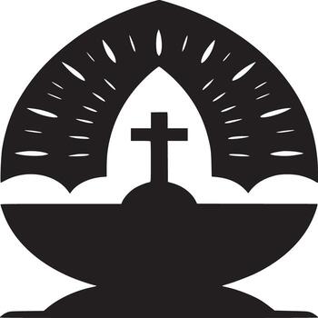 A black and white graphic of a cross inside an egg shaped design with rays emanating from the top edge vector