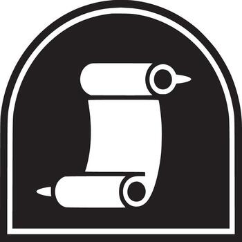 A black and white graphic of an unrolled scroll inside a rounded cornered rectangular frame shape vector