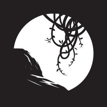 Silhouette of vines and rock formation inside a white circle on a black background design element vector