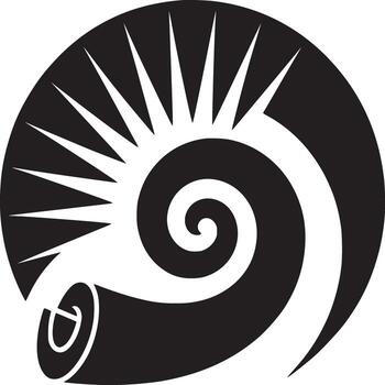 A black and white graphic design featuring a spiral shape with radiating lines in a circular format vector
