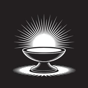 monocromo ilustración de un cáliz con rayos emanando desde encima en un negro antecedentes vector