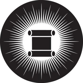 Black and white graphic of a scroll inside a circle with radiating lines on a white background vector