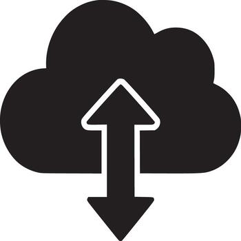 A black cloud icon with an arrow pointing up and down indicating data transfer on a white background vector