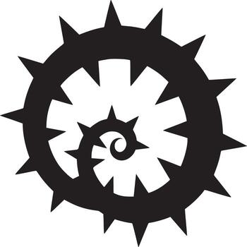 A black and white spiral design with sharp spikes emanating from the circular shapes inward to center vector