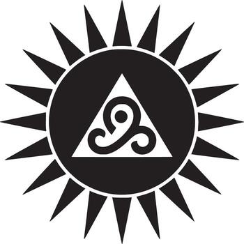 Black and white symbol with triangle and spiral design inside a circle with radiating spikes around it vector
