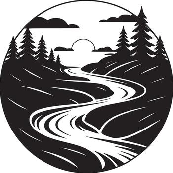 Black and white illustration of a river flowing through a forest in a circular frame design vector