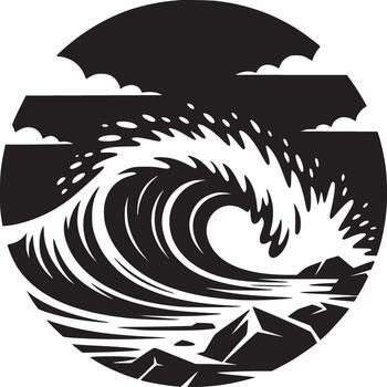 A stylized black and white illustration of a wave crashing on rocks within a circular frame design vector