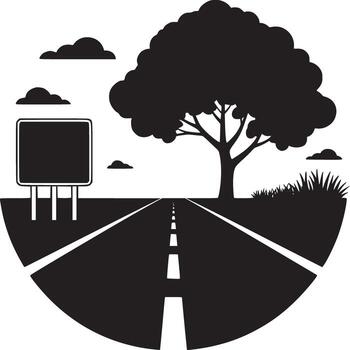 Black and white graphic of a road with a tree and sign in a circular frame with clouds above it vector