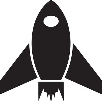 A simple black rocket ship with a round window and flames on a white background in a minimalist style vector
