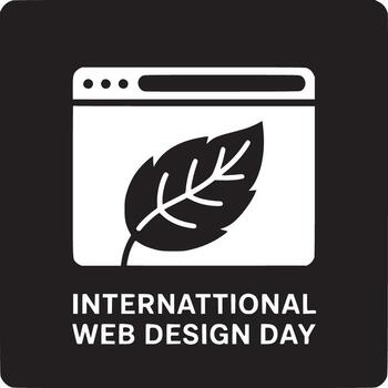 International web design day icon featuring a browser window with a leaf inside in black and white vector