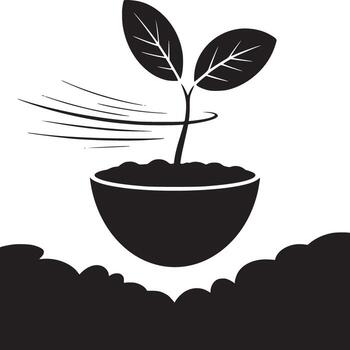 Silhouette of a plant with two leaves in a pot with wind blowing from the side on a white background vector