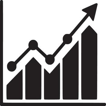 A black and white illustration of a graph showing an upward trend with bars and a line with circles vector