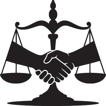 A black and white illustration of a scale with a handshake in the middle on a white background vector