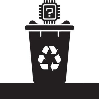 Black and white image of a trash can with a recycle symbol and a question mark chip above it vector