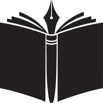 ilustración de un abierto libro con un fuente bolígrafo en el medio en negro y blanco color esquema vector