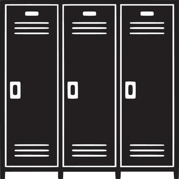 A simple black and white illustration of three lockers in a row against a white background space vector