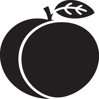 A simple black and white illustration of a plum with a leaf attached to the stem on a white background vector