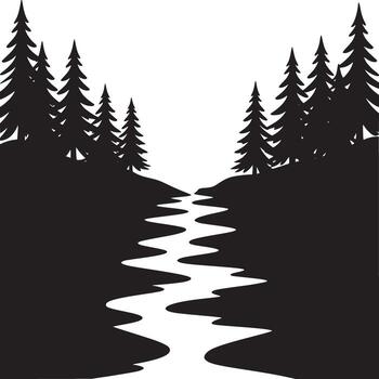 A monochrome illustration of a river flowing through a forest with evergreen trees on either side vector
