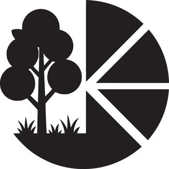 negro y blanco gráfico de un árbol con césped siguiente a un circulo dividido dentro secciones en un blanco antecedentes vector