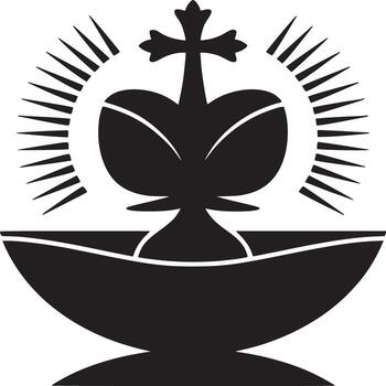 A stylized black and white image of a chalice with a cross and radiating lines above it design vector