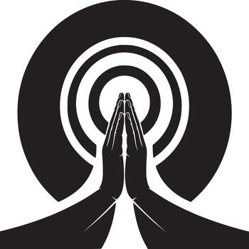 Black and white illustration of praying hands in front of concentric circles on a white background vector