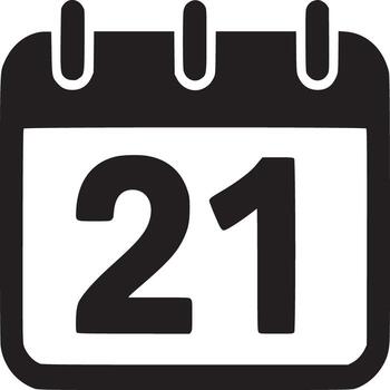 A black calendar icon displaying the date twenty one on a white background in a simple design style vector