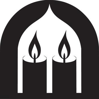 A minimalist graphic of two lit candles under an arch with a pointed top in black and white design vector