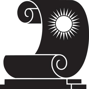 A black and white graphic of a scroll with a sunburst on it sitting on a small platform design vector