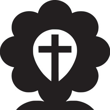 A black and white graphic of a cross inside of a flower shape on a white background in simple style vector