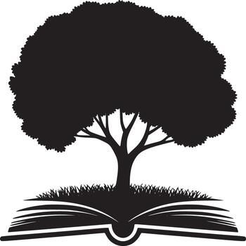 negro silueta de un árbol creciente desde un abierto libro con césped en un blanco antecedentes ilustración vector