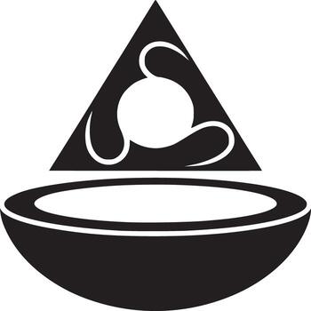 Black and white illustration of a bowl with a triangle above it containing a circular element vector