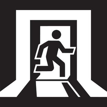 Black and white image of an emergency exit sign with a running figure and a doorway outline symbol vector