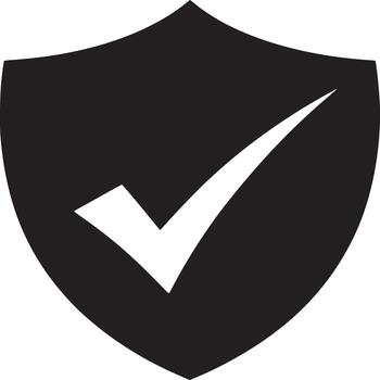 A black shield with a white check mark in the center on a plain white background vector