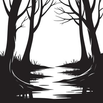 Monochrome illustration of a forest with a stream running through it on a foggy day in grayscale vector